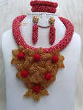 Coral Gold Red Flower Petal Elegant Party Wedding Bridal NEcklace Jewellery Set