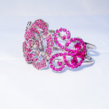 Pink Vintage style Glitzy Glam rose shaped crystal bracelet in a cuff style gleaming with clear crystals on a rhodium plated high quality finish – True celebrity style Glamour!