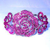 Vintage style Glitzy Glam rose shaped crystal bracelet in a cuff style gleaming with clear crystals on a rhodium plated high quality finish – True celebrity style Glamour!