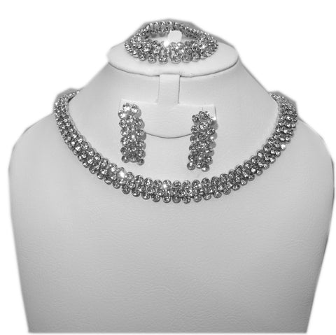 Elegant Silver Crystal Shinning Complete set for Bridal Cocktail Gift for Women including Necklace Earring and Bracelet