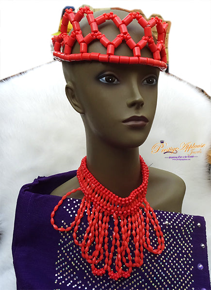 Nigerian Edo Coral Costume Beaded Top Crown Necklace Bracelet wedding Bridal Beaded Edo Jewellery