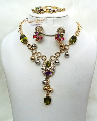 New Beautiful Design Multi Color Drop Gold Beautiful Plated Party Necklace Earring Jewellery Set