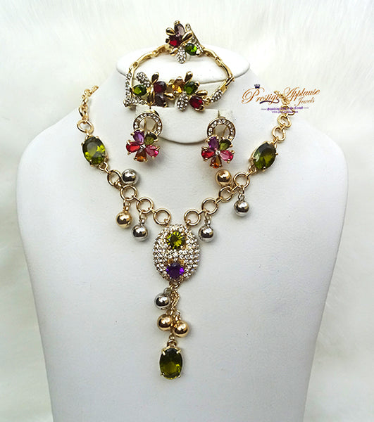 New Beautiful Design Multi Color Drop Gold Beautiful Plated Party Necklace Earring Jewellery Set