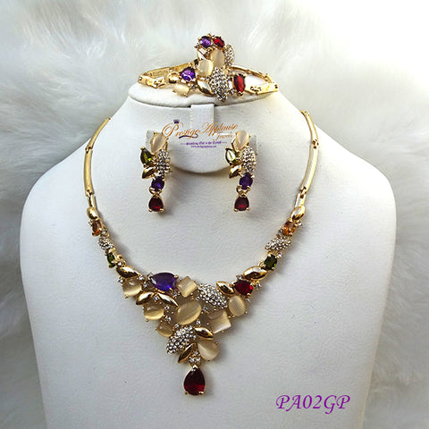 New Design Multi Color Gold Plated Complete Set Necklace Jewellery Party Set PA02GP