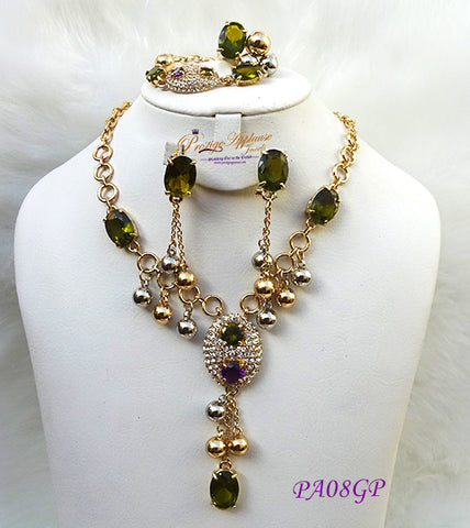 New Design Emerald Green Gold Plated Complete Set Necklace Jewellery Party Set PA08GP