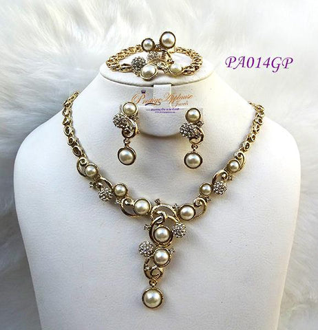 Beautiful New Pearl Design Gold Plated Complete Set Necklace Jewellery Party Set PA014GP