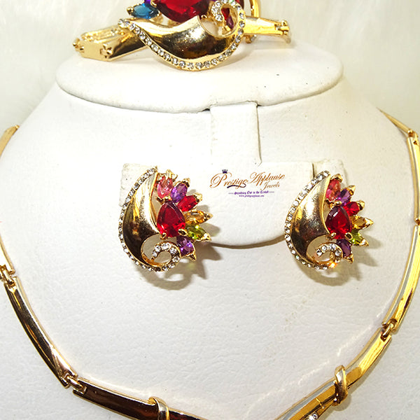 New Design Multi Color Gold Plated Complete Set Necklace Jewellery Party Set PA016GP