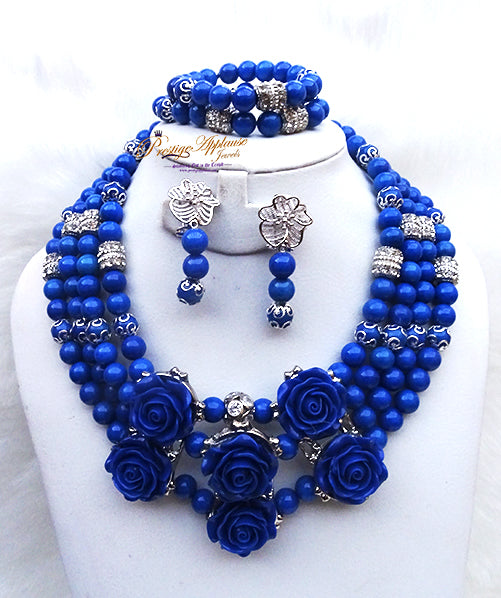 Detail Royal Blue 3 Layers New Design African Nigerian Necklace Jewellery Set