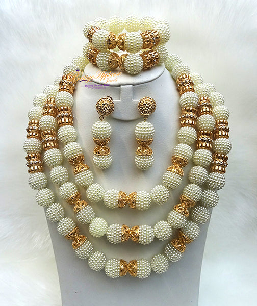 PrestigeApplause Newly Designed Cream White Cube Mix with Golden Crystal Accessories Wedding Bridal Party African Nigerian Beads Jewelry Set