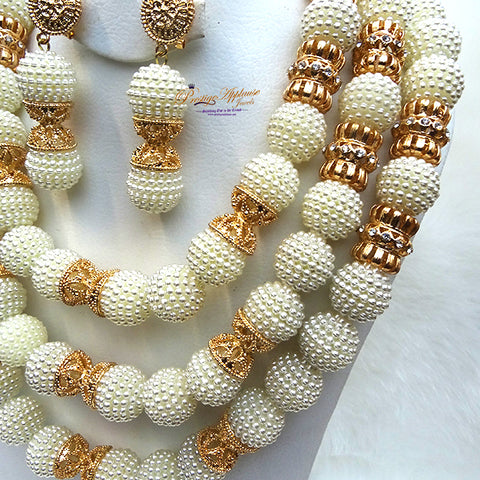 PrestigeApplause Newly Designed Cream White Cube Mix with Golden Crystal Accessories Wedding Bridal Party African Nigerian Beads Jewelry Set