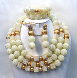 PrestigeApplause Newly Designed Cream White Cube Mix with Golden Crystal Accessories Wedding Bridal Party African Nigerian Beads Jewelry Set