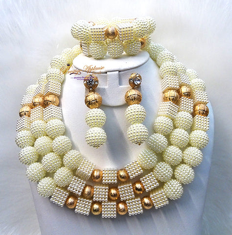 PrestigeApplause Newly Designed Cream White Cube Mix with Golden Crystal Accessories Wedding Bridal Party African Nigerian Beads Jewelry Set