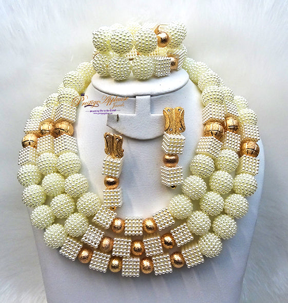 PrestigeApplause Newly Designed Cream White Cube Mix with Golden Crystal Accessories Wedding Bridal Party African Nigerian Beads Jewelry Set