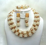 PrestigeApplause Newly Designed Cream White Cube Mix with Golden Crystal Accessories Wedding Bridal Party African Nigerian Beads Jewelry Set