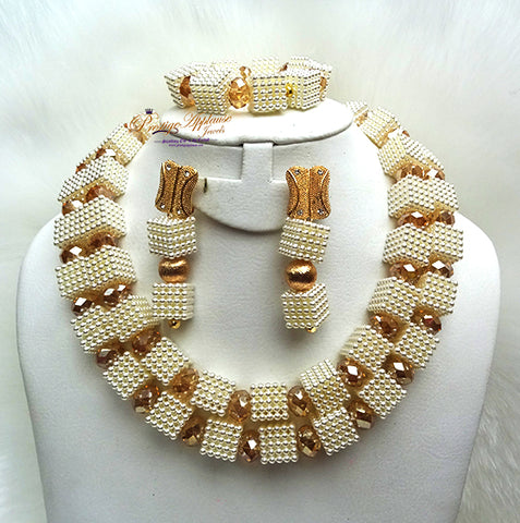 PrestigeApplause Newly Designed Cream White Cube Mix with Golden Crystal Accessories Wedding Bridal Party African Nigerian Beads Jewelry Set