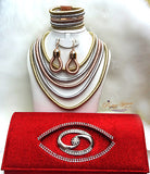Hot Pink Silver Gold SIlver Multi Layers Strings Wrapped Necklace Magnetic Clasps Jewellery Set with Evening Purse