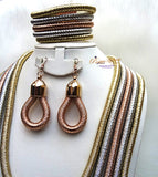 Hot Pink Gold Silver Multi Layers Strings Wrapped Necklace Magnetic Clasps Jewellery Set
