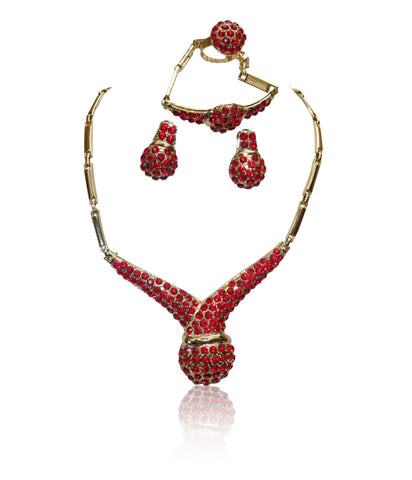 Red Stones Gold Plated Beads Necklace Earring and Jewellery Set