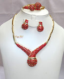 Red Rhinestones Beautiful Plated Wedding Party Necklace Earring Jewelry Set