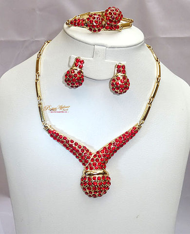 Red Rhinestones Beautiful Plated Wedding Party Necklace Earring Jewelry Set