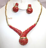 Red Rhinestones Beautiful Plated Wedding Party Necklace Earring Jewelry Set