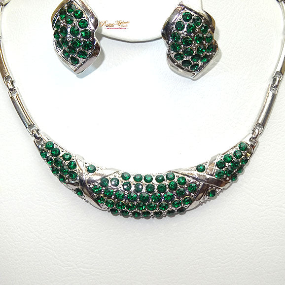 Green Rhinestone Silver Plated Complete Party Set