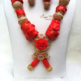 Elegant Celebrant Detailed Real Traditional Bridal Wedding 100% Rough Coral Necklace Jewellery Set