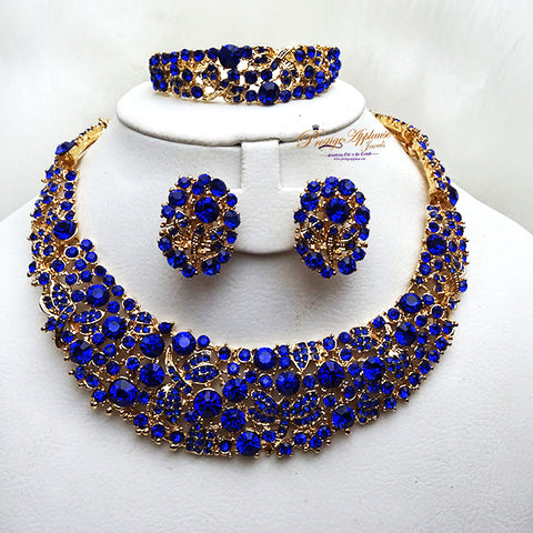 Sparkling Royal Blue Gold Costume Fashion Party Wedding Necklace Earring Bracelet Jewellery Set