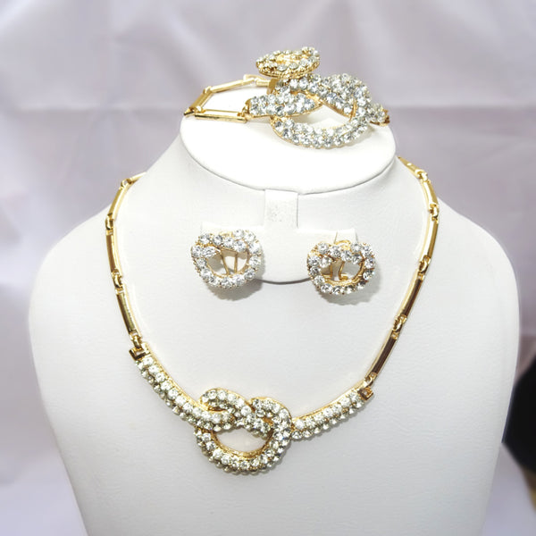 Rhinestone African Gold Plated Fashion Women Necklace Earring Ring Jewellery Set