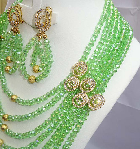 PrestigeApplause Crystal Green Multi Layers African Bridal Wedding Beads Jewellery Set