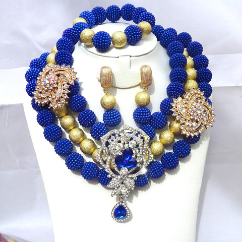 Elegant Blue 3 Layers Wedding Bridal Party African Nigerian Beads Jewelry Set