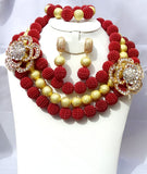 Red with Gold Wedding Bridal Party African Nigerian Beads Necklace Jewelry Set