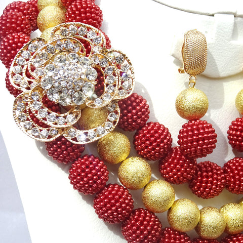 Red with Gold Wedding Bridal Party African Nigerian Beads Necklace Jewelry Set