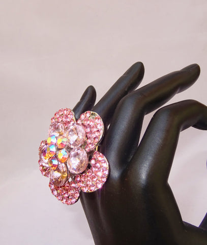 Pink Big Bold Adjustable Crystal Party Flower Cocktail Ring Jewellery for women