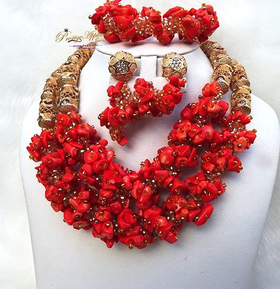 Beautiful Coral Traditional Bridal Wedding Coral African Nigerian Necklace Jewellery Set