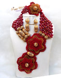 PrestigeApplause Latest Design Dark Red & Gold Elongated African Nigerian Necklace Jewellery Set