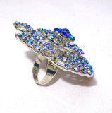 Silver Blue Big Bold Adjustable Crystal Party Flower Cocktail Ring Jewellery for women