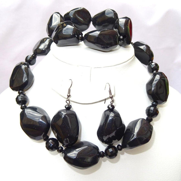Black Pebble Beads Necklace Earring Bracelet Jewellery Set - PrestigeApplause Jewels 