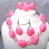 Pink Pebble Beads Necklace Earring Bracelet Jewellery Set