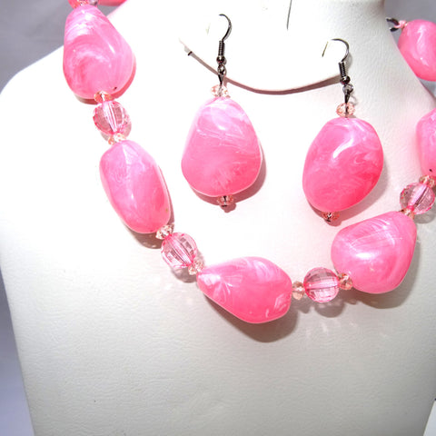 Pink Pebble Beads Necklace Earring Bracelet Jewellery Set