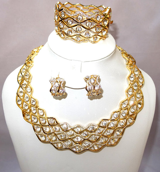Elegant African Gold Plated Jewellery Rhinestones Wedding Bridal Party Set