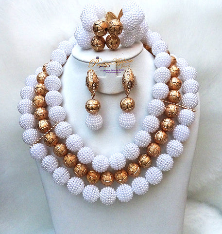 White Beads with Gold Accessories Bridal Wedding Beads Jewellery Set