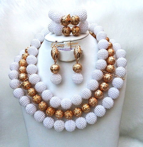 White Beads with Gold Accessories Bridal Wedding Beads Jewellery Set