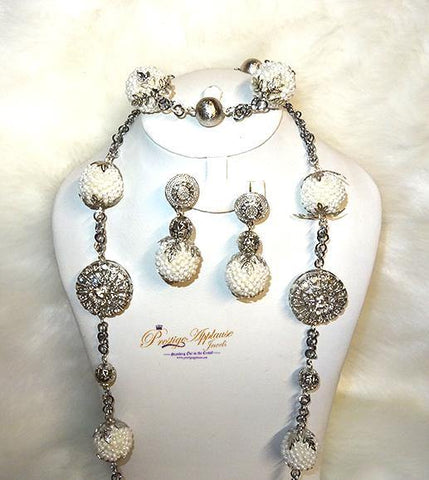 2 in 1 Long & Short Beads embelished with Silver Balls Bridal Party African Nigerian Jewellery Set - PrestigeApplause Jewels 