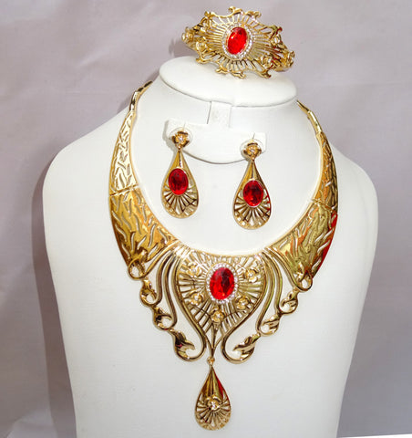 Red 18K Gold Plated Fashion Women Necklace Earring Party Jewellery Set