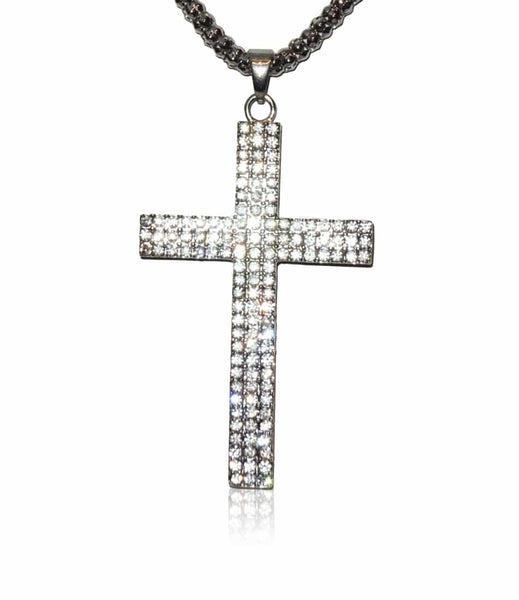 Crystal Cross Long Chain Silver Necklace