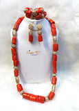 Her Emperor Majesty 100% Traditional Orange White Coral Beads African Nigerian Embelished Necklace Jewellery Set