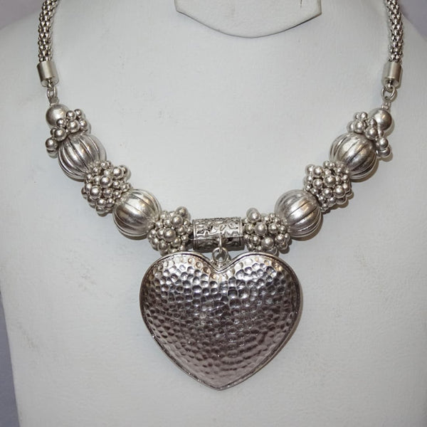 Love Heart Retro Silver Necklace Bangle Bracelet Jewellery Set