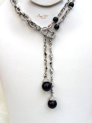 Double Layers Beautiful SIlver with Black Pearl Crystal Necklace Jewellery Gift Ladies