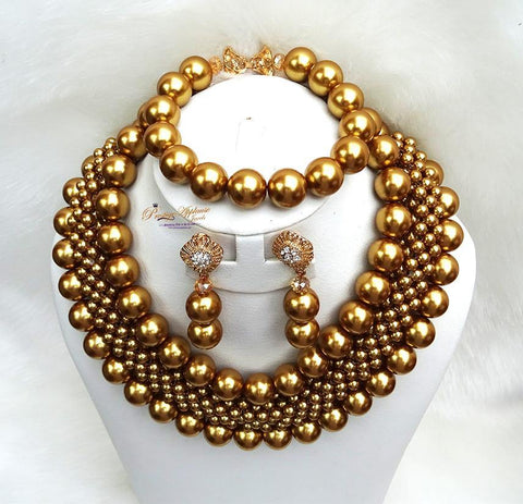 Beautiful Gold Ball African Nigerian Beads Jewellery 3 Layers Bridal Set - PrestigeApplause Jewels 